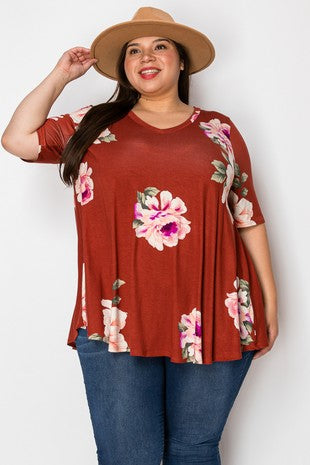 Burnt Orange Burgundyish Floral Shirt Top