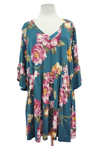 Deep Teal Floral Shirt Top Tunic V Neck