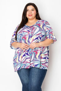 White Purple Blue Paisley Like Shirred Shirt Top