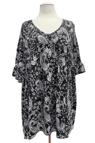 Black White Gray Paisley Shirred Shirt Top