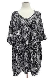 Black White Gray Paisley Shirred Shirt Top