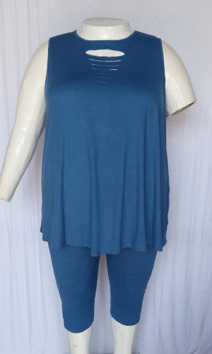 PSFU Blue Shredded 2 Piece Outfit Tank and Capri Capris Set