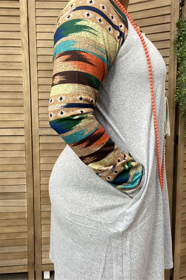 Gray Dress with Multi Color Aztec Sleeves & Pockets
