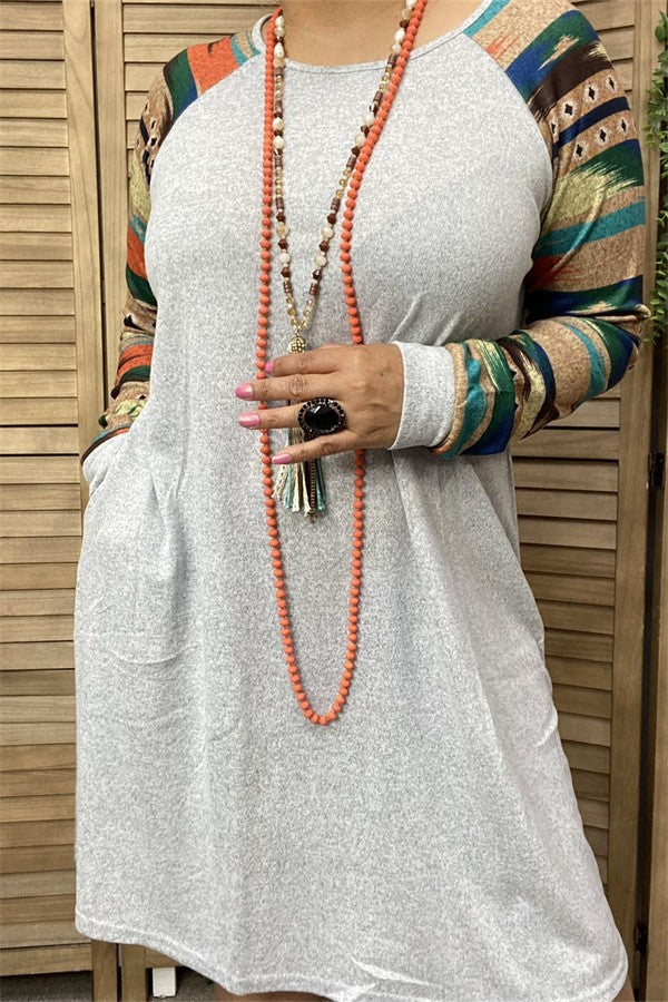 Gray Dress with Multi Color Aztec Sleeves & Pockets