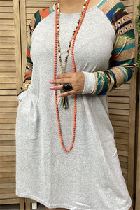Gray Dress with Multi Color Aztec Sleeves & Pockets