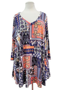 Orange Navy Paisley Patchwork Shirt Top V Neck