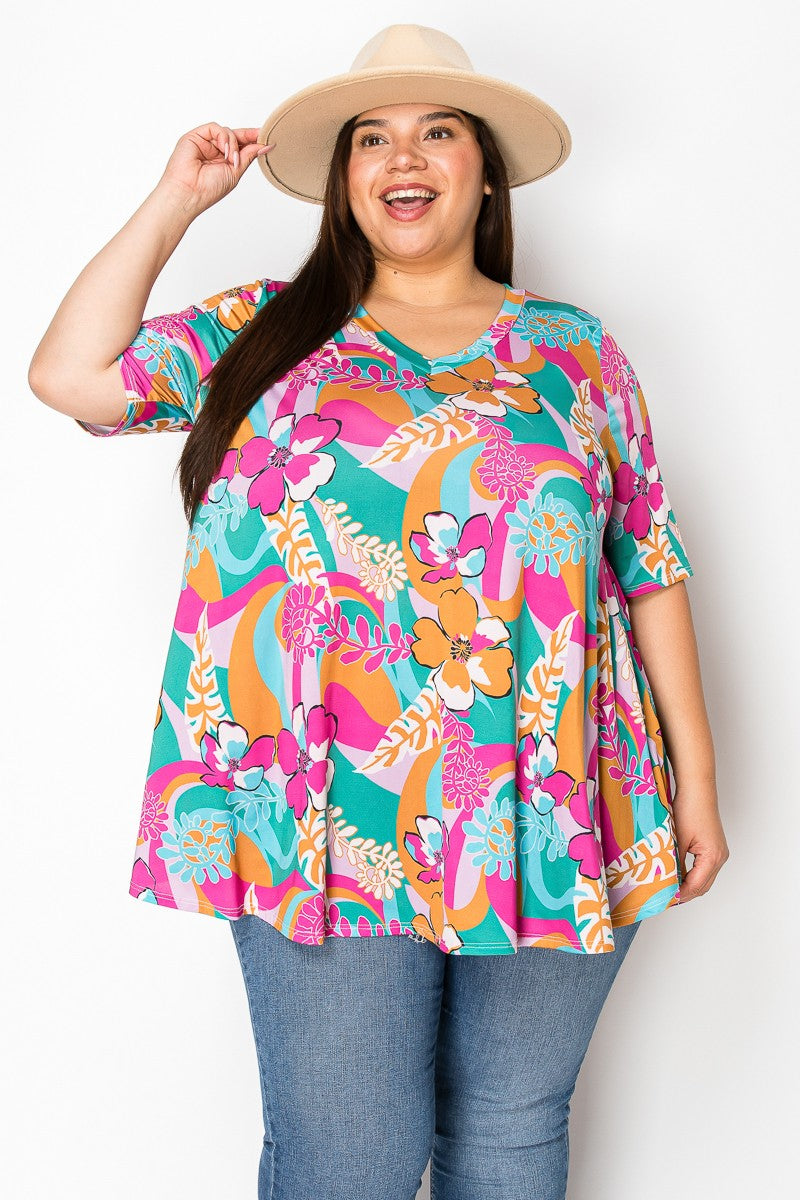 Pink Tea Orange Blue V Neck Shirt Top