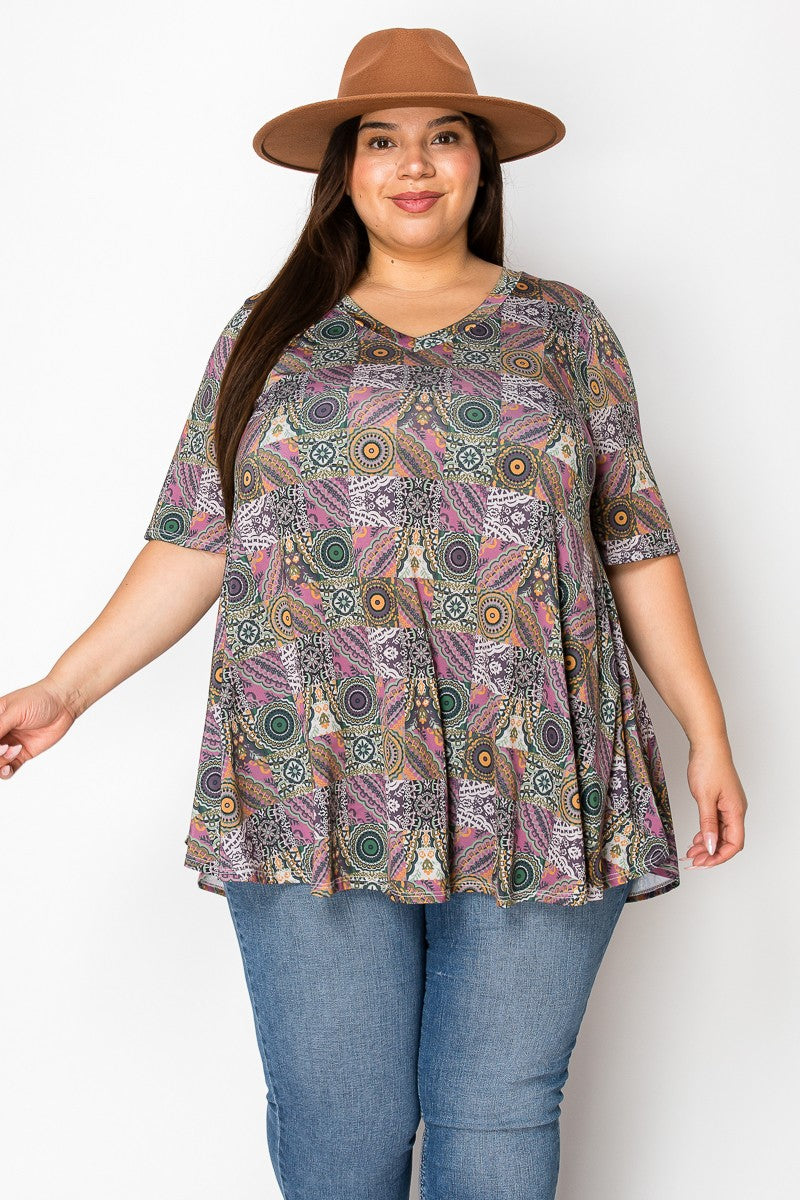 Purple Green Design Shirt Top V Neck