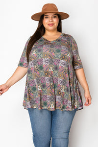 Purple Green Design Shirt Top V Neck
