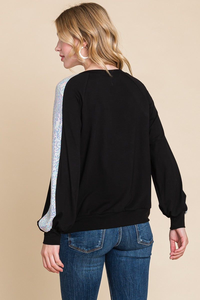 Black Shirt Top With Gorgeous Sequin Sleeves