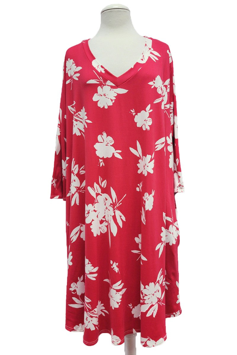 Red 3Qtr V Neck Flower Floral Print Dress w Pockets