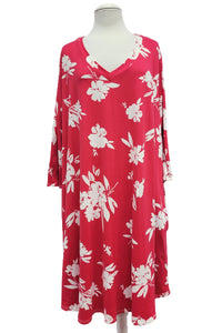Red 3Qtr V Neck Flower Floral Print Dress w Pockets