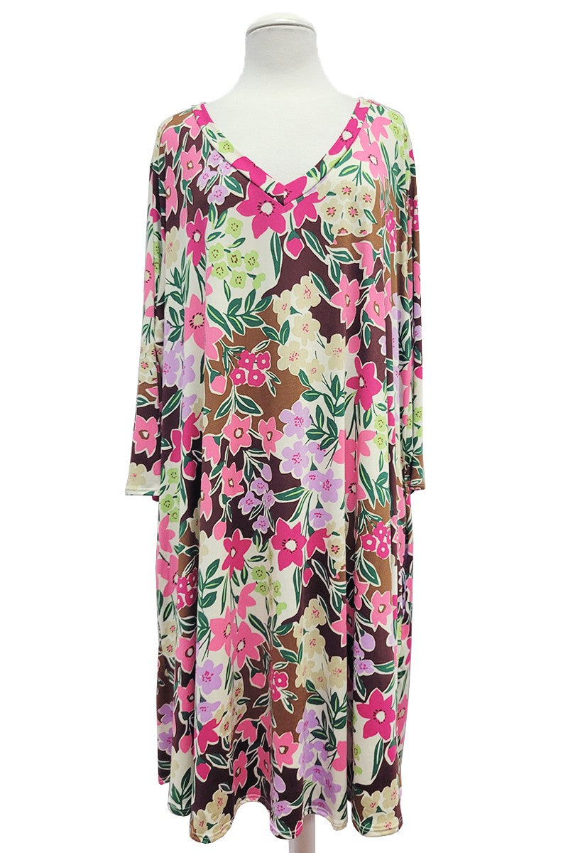 Brown Pink V Neck Flower Print Dress w Pockets