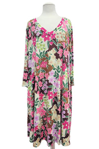 Brown Pink V Neck Flower Print Dress w Pockets
