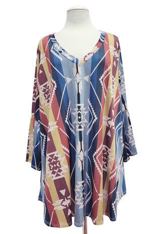 Blue & Brown Multi Color Aztec Print Shirt Top