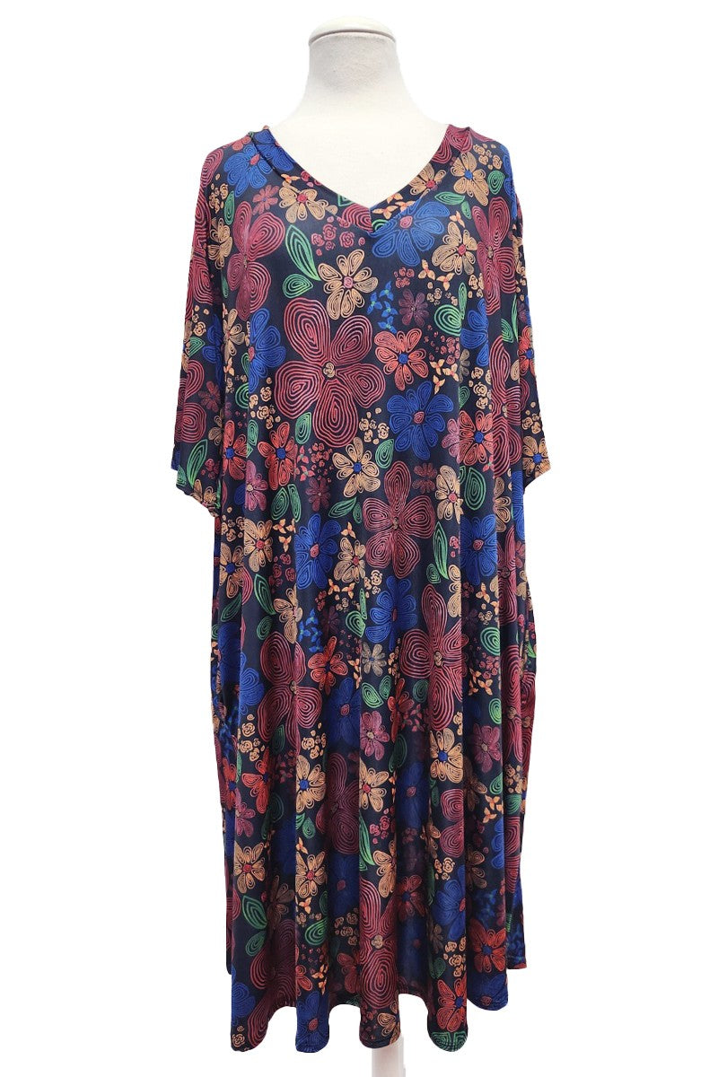 Black Red Blue Floral Dress Wide Sleeves and Pockets