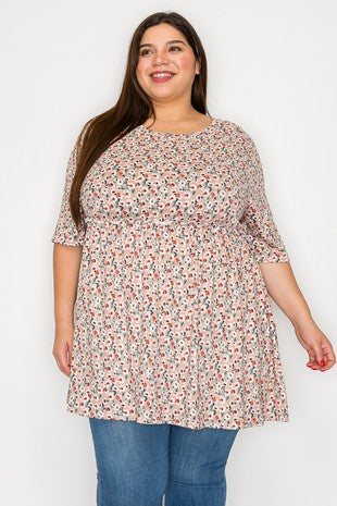 Beige Taupe Small Floral Shirred Bust Shirt Top