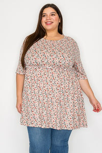 Beige Taupe Small Floral Shirred Bust Shirt Top