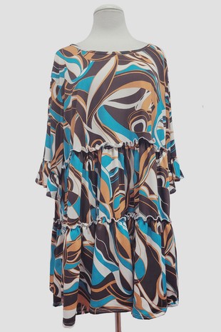 Brown Teal Swirl Tiered Long Tunic Shirt Top
