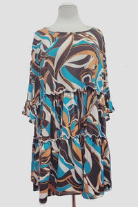 Brown Teal Swirl Tiered Long Tunic Shirt Top