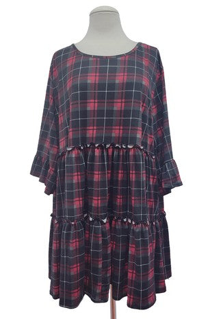 Black Red Plaid Tiered Stretchy Long Tunic Shirt Top