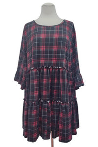Black Red Plaid Tiered Stretchy Long Tunic Shirt Top