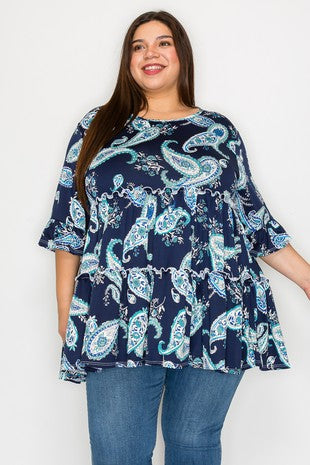 Blue Paisley Tiered Long Shirt Top Tunic