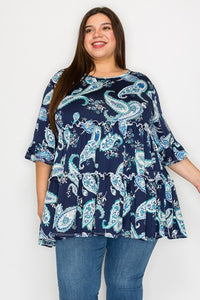 Blue Paisley Tiered Long Shirt Top Tunic