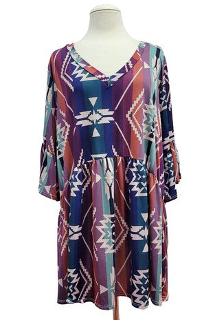 Blue Teal Purple Rust Aztec Western Print Shirt Top