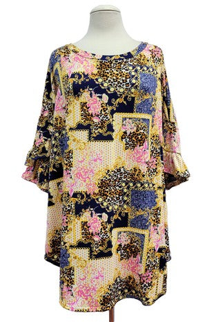 Navy Gold Pink Floral Animal Print Shirt Top