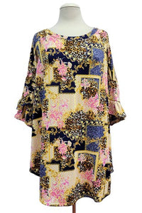 Navy Gold Pink Floral Animal Print Shirt Top