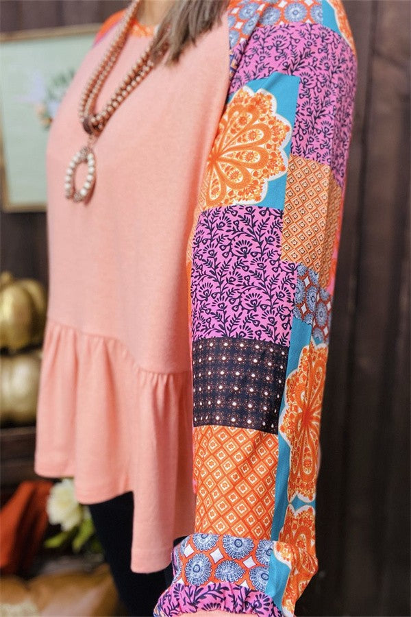 Orangey Pink Patchwork Sleeve Shirt Top