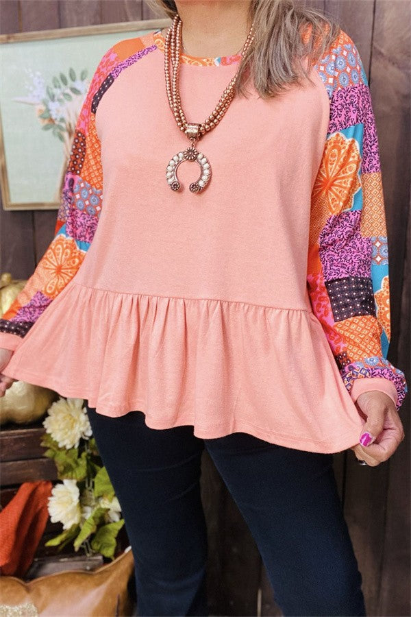 Orangey Pink Patchwork Sleeve Shirt Top