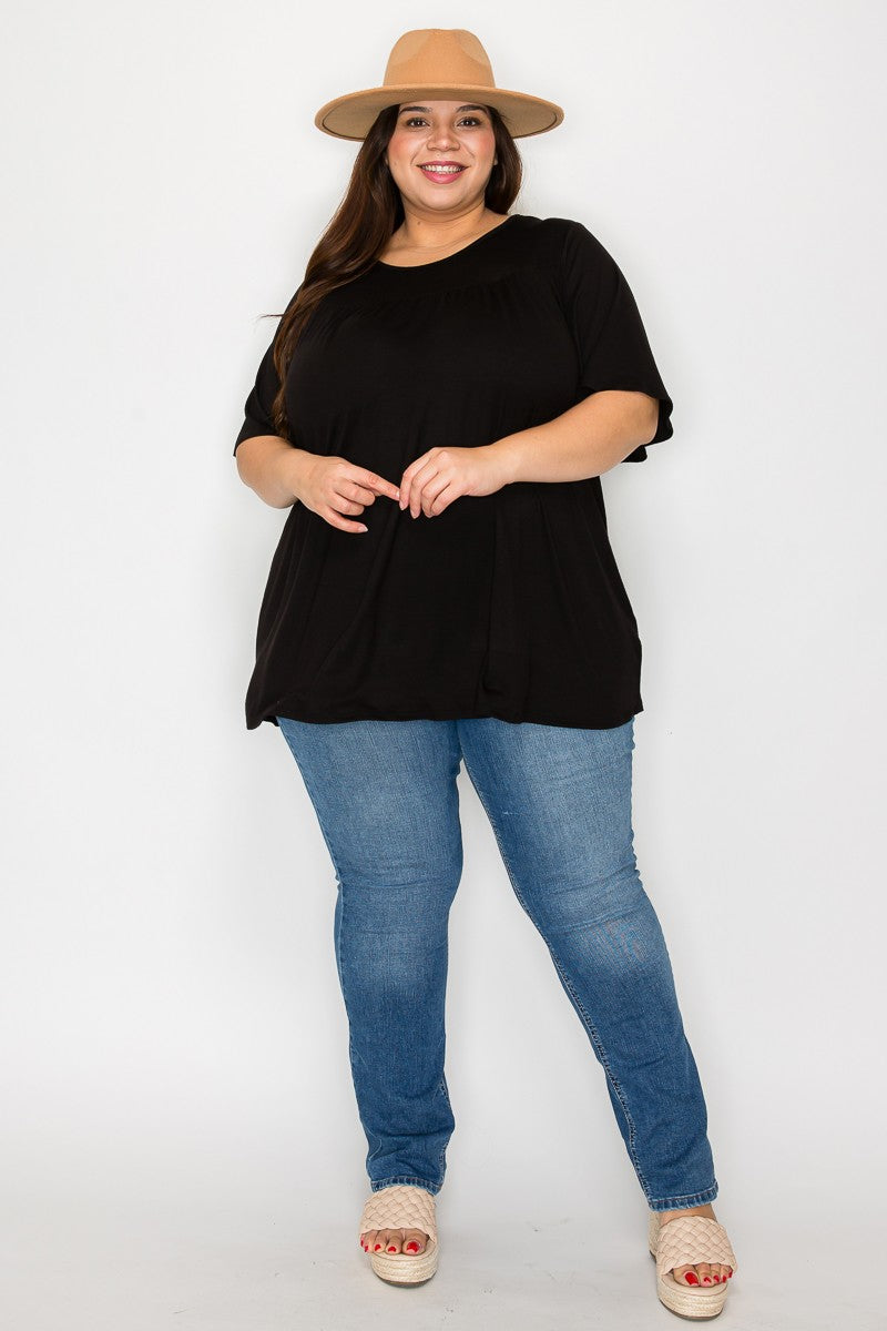 Solid Black Shirred Upper Shirt Top