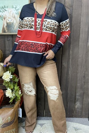 Black Red Leopard Stripe Shirt Top