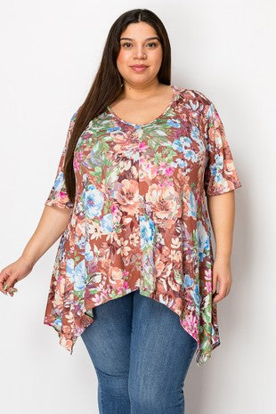 Brown Floral Sharkbite Shirt Top