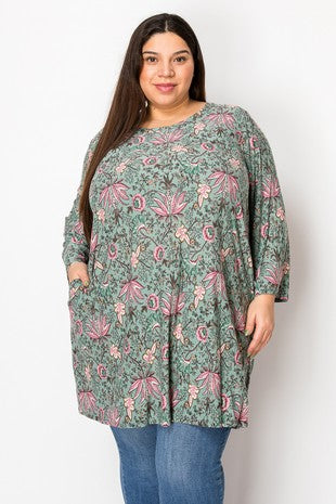 Green Pink Tunic Length Shirt Top