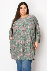 Green Pink Tunic Length Shirt Top