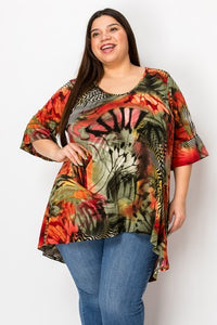 PSFU Green Red Animal Print Hi Lo Shirt Top