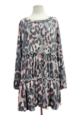 Pink Gray Leopard Tiered Shirt Top Tunic