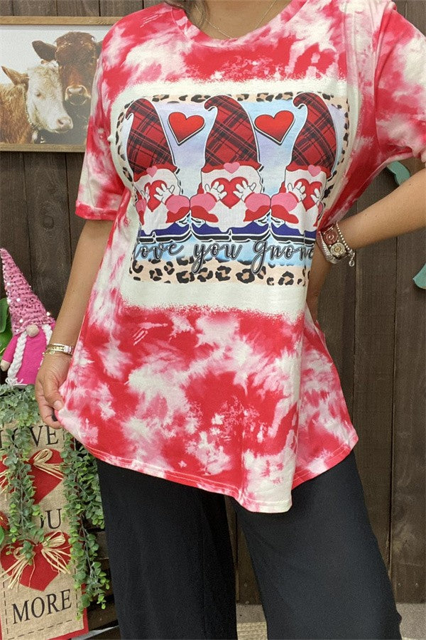 Pink Red Tie Dye Love You Gnome Shirt Top