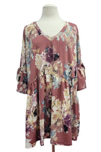 Mauve Rust Floral Shirt Top w V Neck