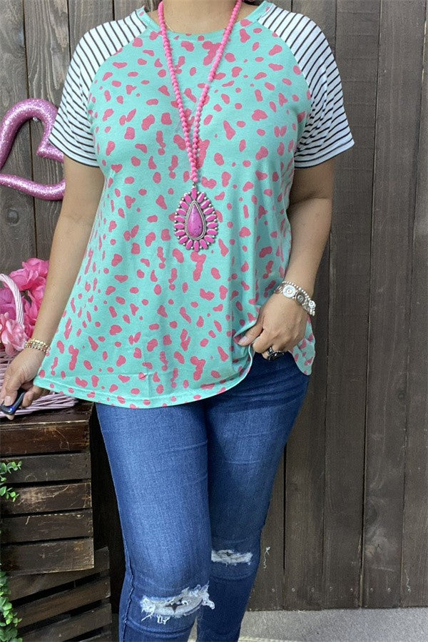 Mint Pink Animal Print Shirt Top w Stripe Sleeves