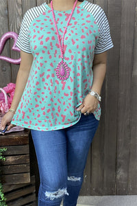 Mint Pink Animal Print Shirt Top w Stripe Sleeves