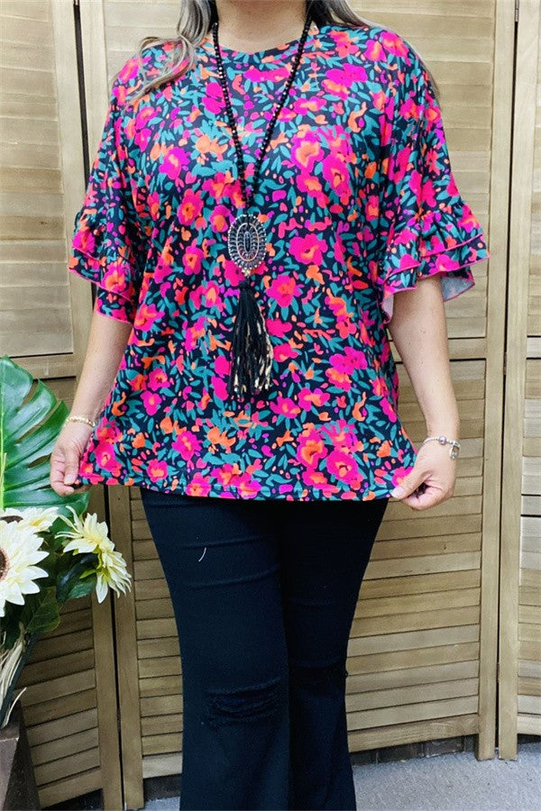 Black Pink Orange Floral Shirt Top w Cute Sleeves