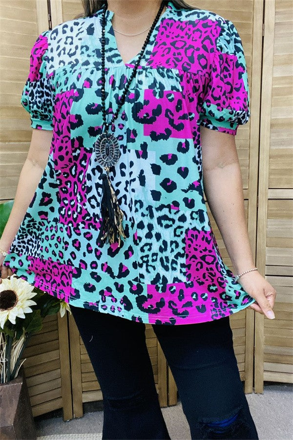 Teal Fuschia Black Leopard Print Shirt Top
