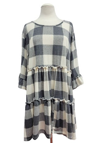 Ivory Gray Plaid Tiered Shirt Top