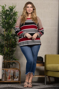 Gray Black Burgundy Stripe Shirt Top Leopard Accents