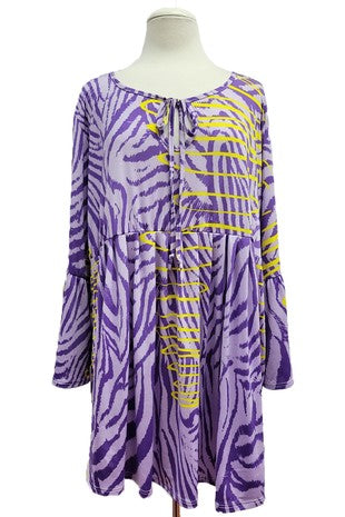 Purple Zebra Yellow Shirt Top w Tie Neck