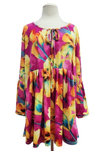 Pink Yellow Floral Tie Neck Shirt Top